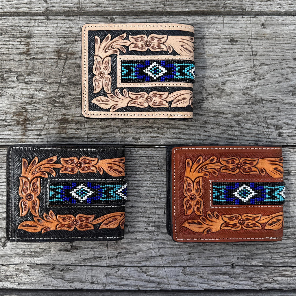 Men’s Western bi-fold wallet tooled with seed bead