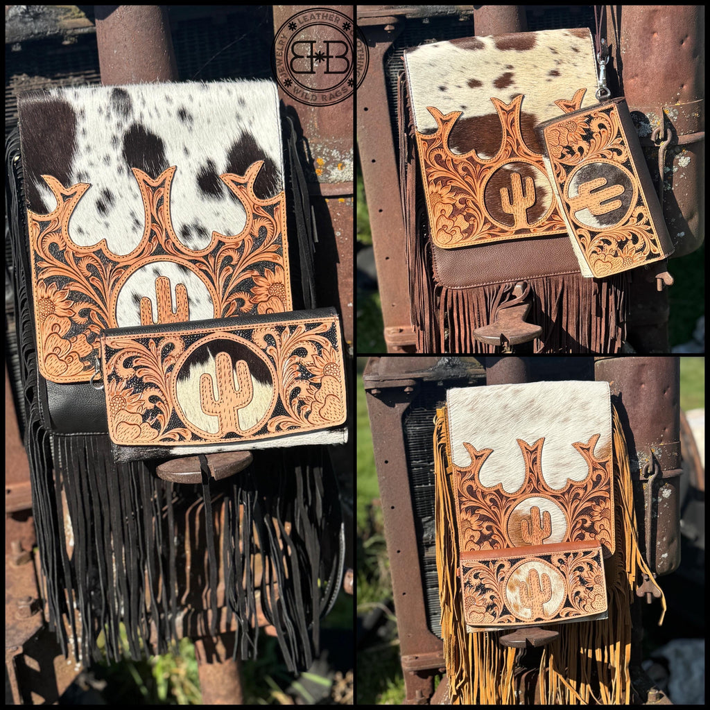 Western Cowhide Leather Purse and Wallet set with fringe and Cactus Tooling