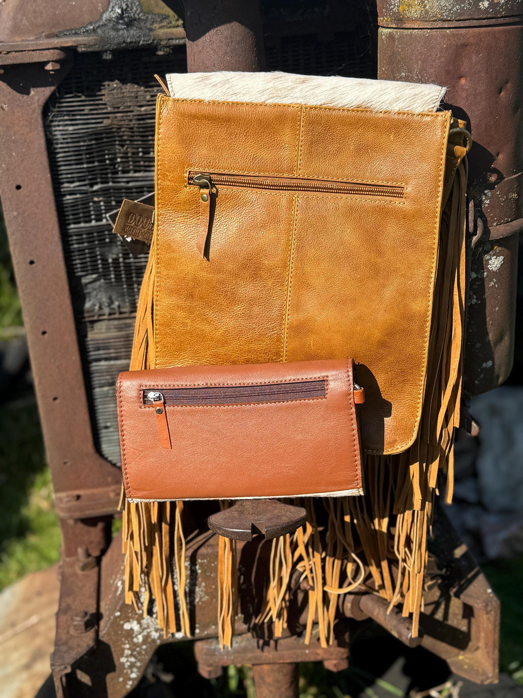 Western Cowhide Leather Purse and Wallet set with fringe and Cactus Tooling
