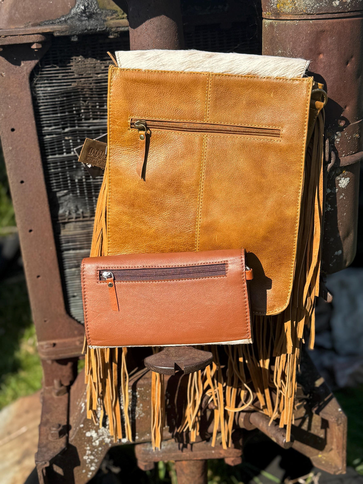 Western Cowhide Leather Purse and Wallet set with fringe and Cactus Tooling