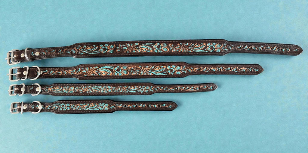 Western leather dog collar with Turquoise Floral details
