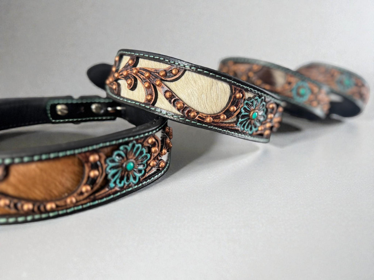 Western leather dog collar 3D inlay with Turquoise Flora