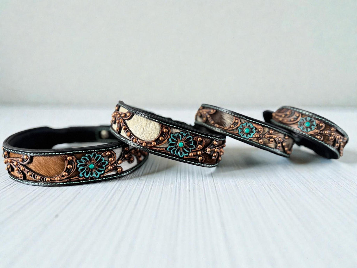 Western leather dog collar 3D inlay with Turquoise Flora
