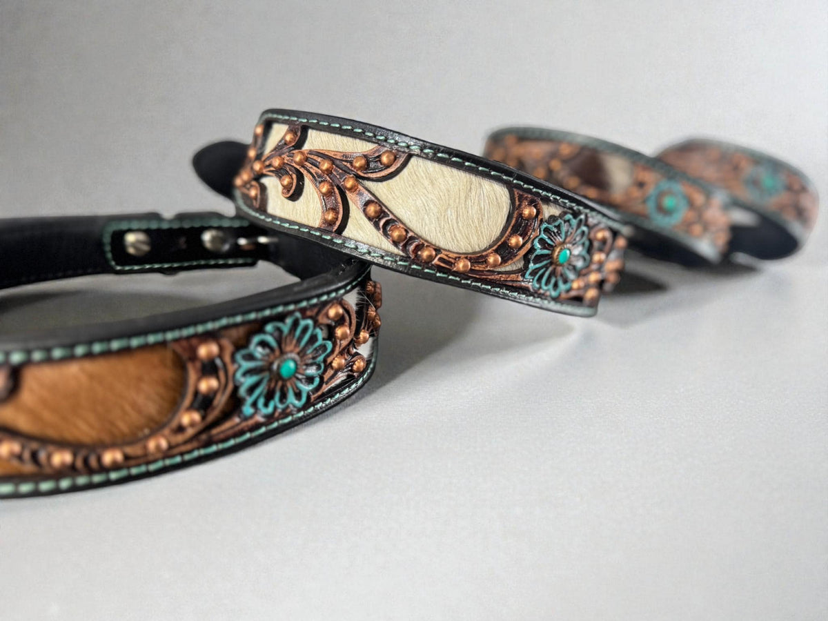 Western leather dog collar 3D inlay with Turquoise Flora