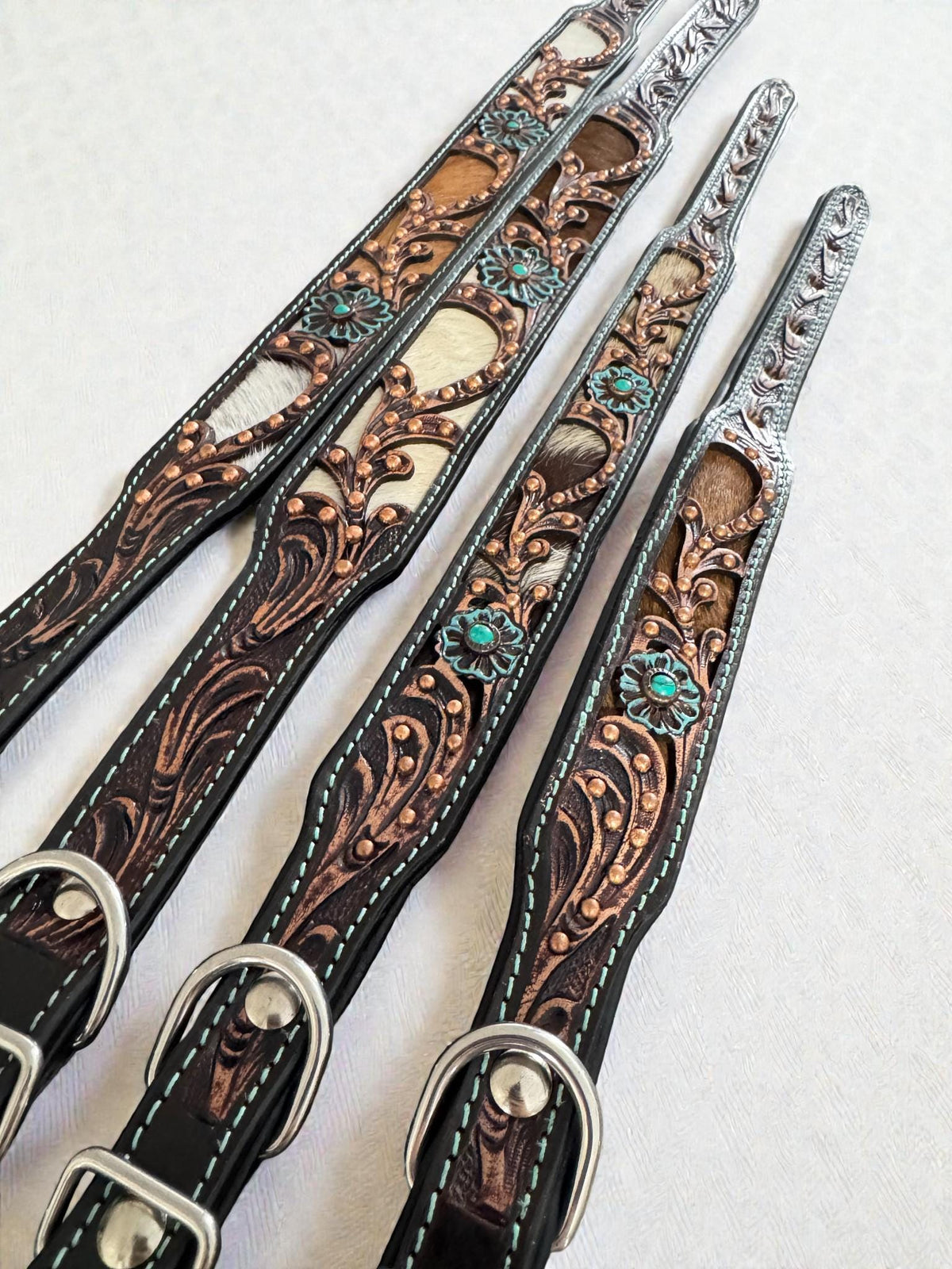 Western leather dog collar 3D inlay with Turquoise Flora