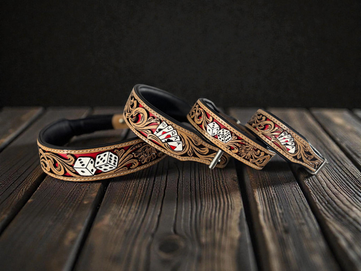 Western Leather Dog Collar: Cards & Dice Inlay