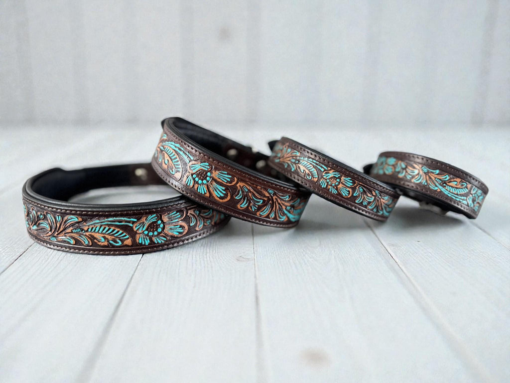 Western leather dog collar with Turquoise Floral details