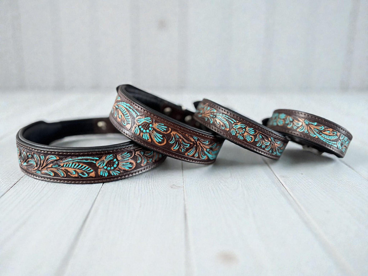 Western leather dog collar with Turquoise Floral details