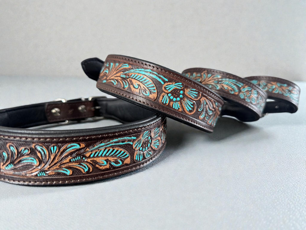 Western leather dog collar with Turquoise Floral details