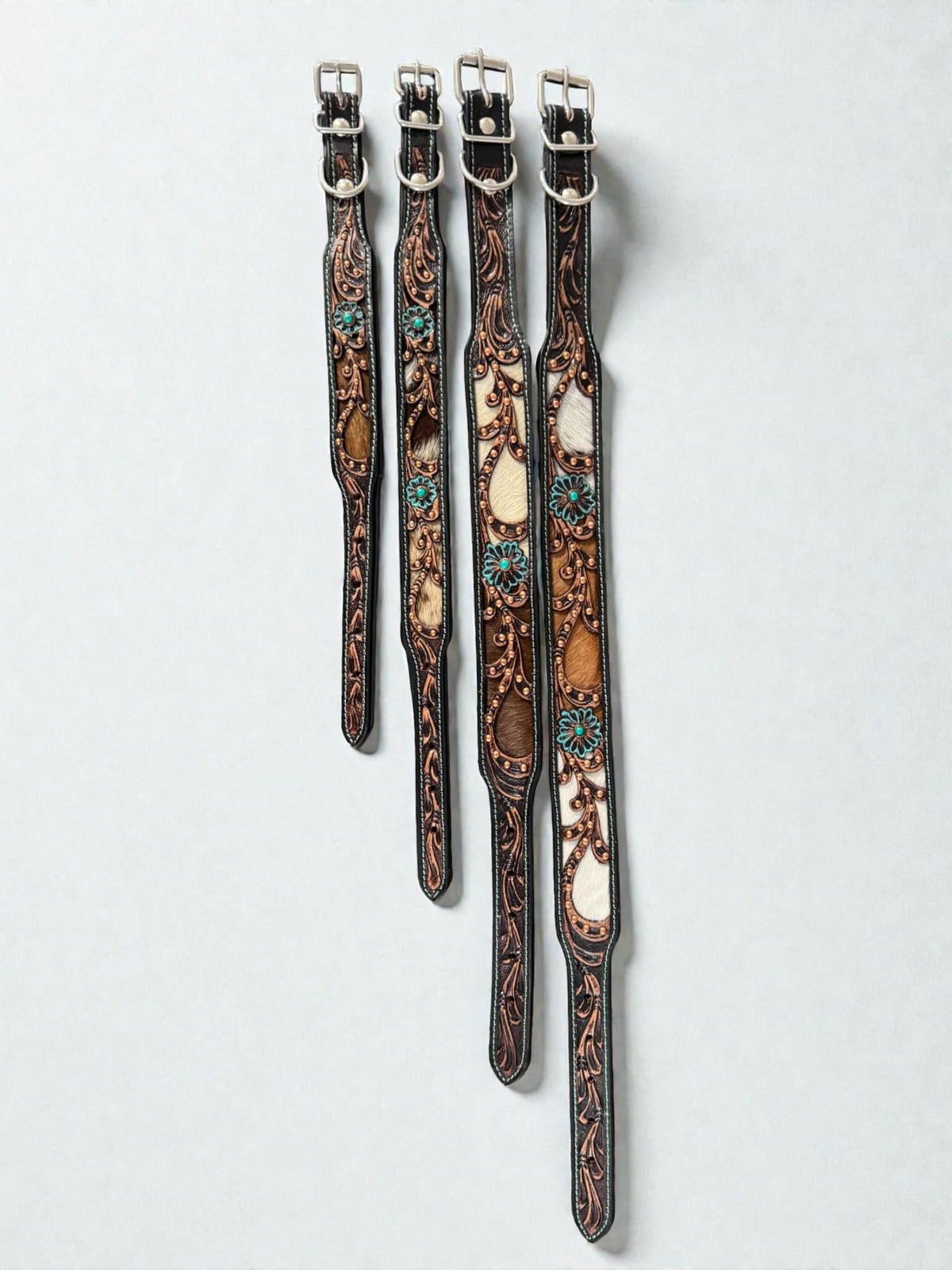 Western leather dog collar 3D inlay with Turquoise Flora