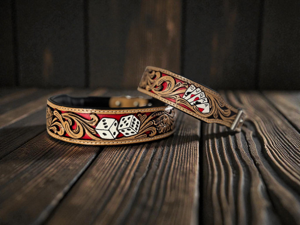 Western Leather Dog Collar: Cards & Dice Inlay