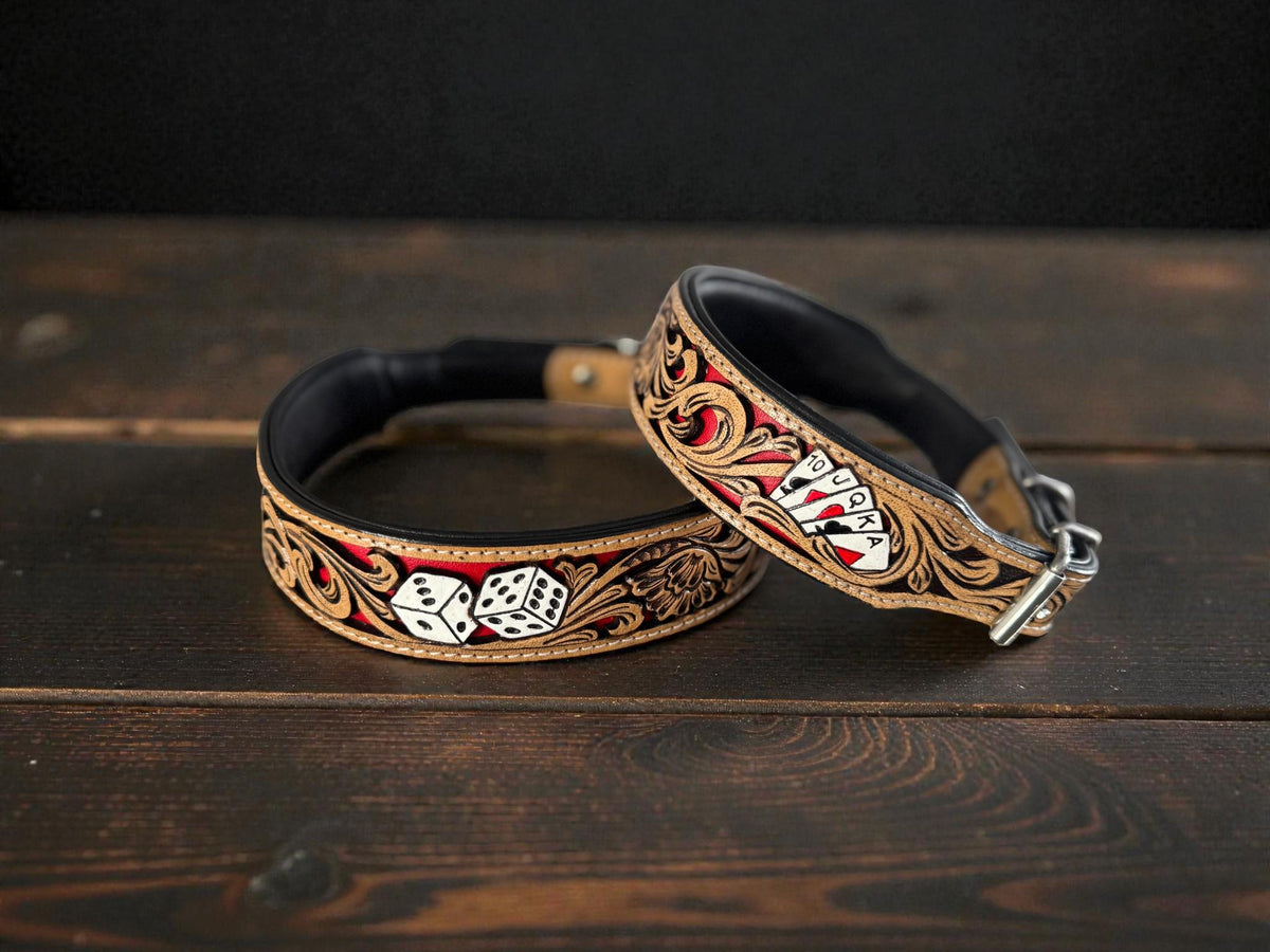 Western Leather Dog Collar: Cards & Dice Inlay