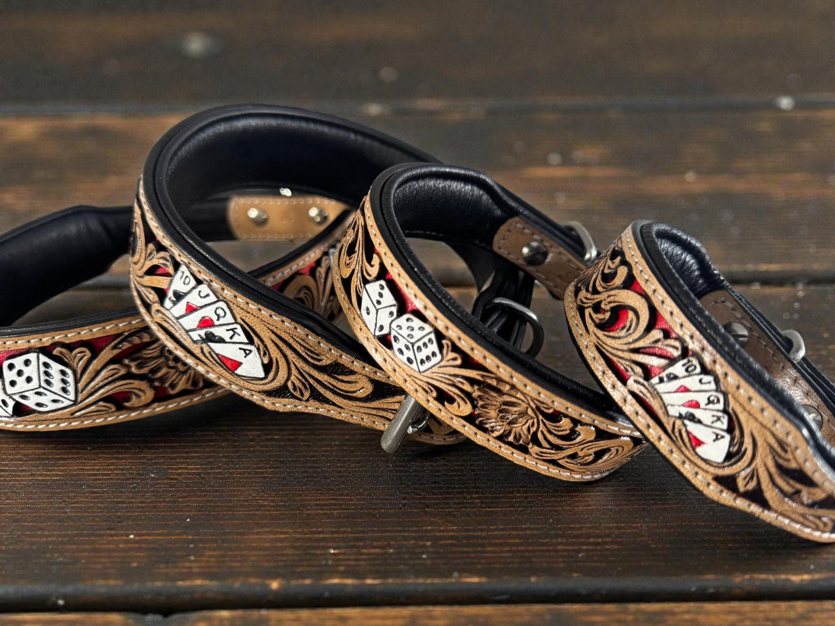Western Leather Dog Collar: Cards & Dice Inlay