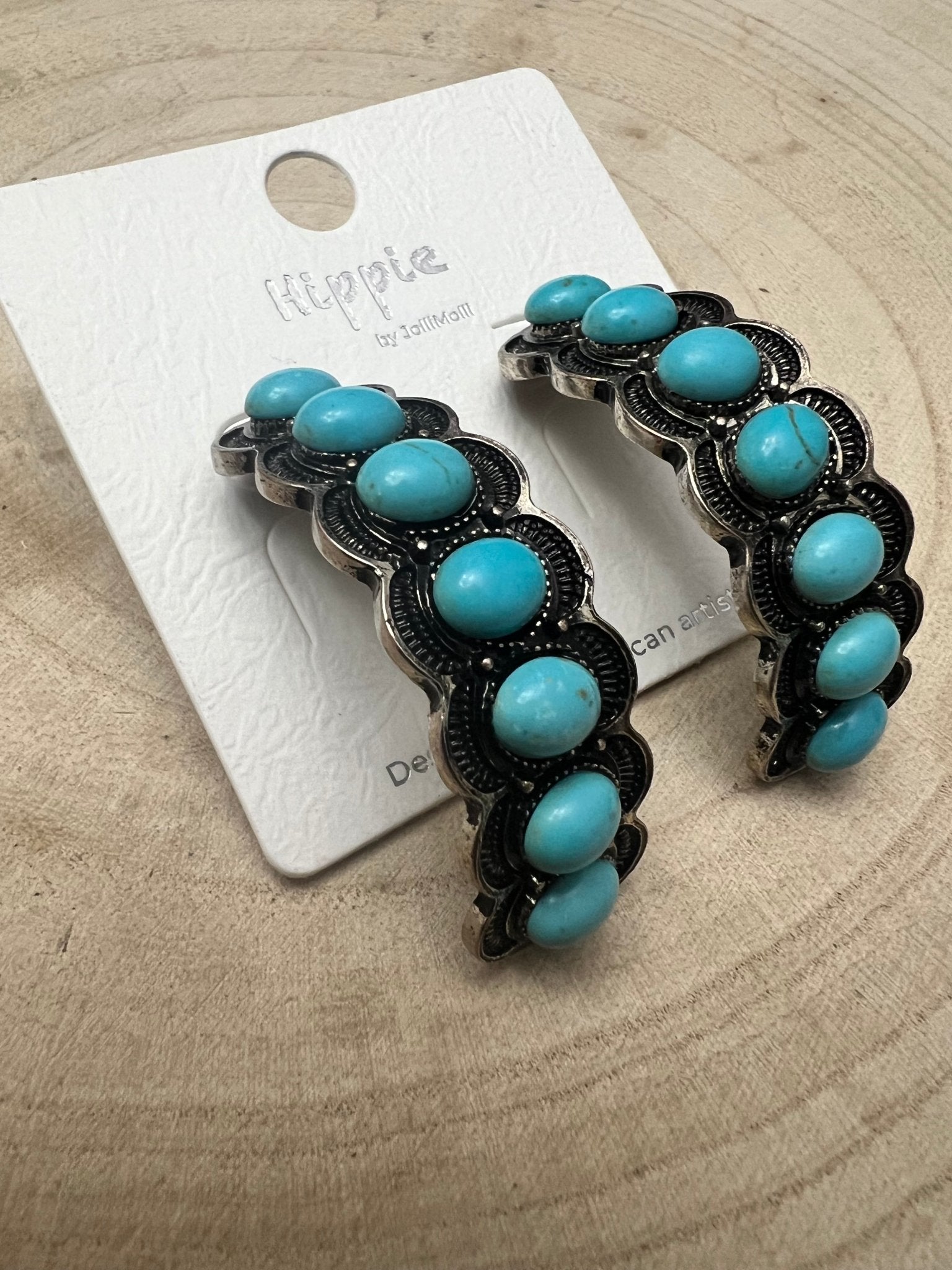 Large Western Faux Turquoise Hoop Earrings — Oxidized Stamped 2" Hoop