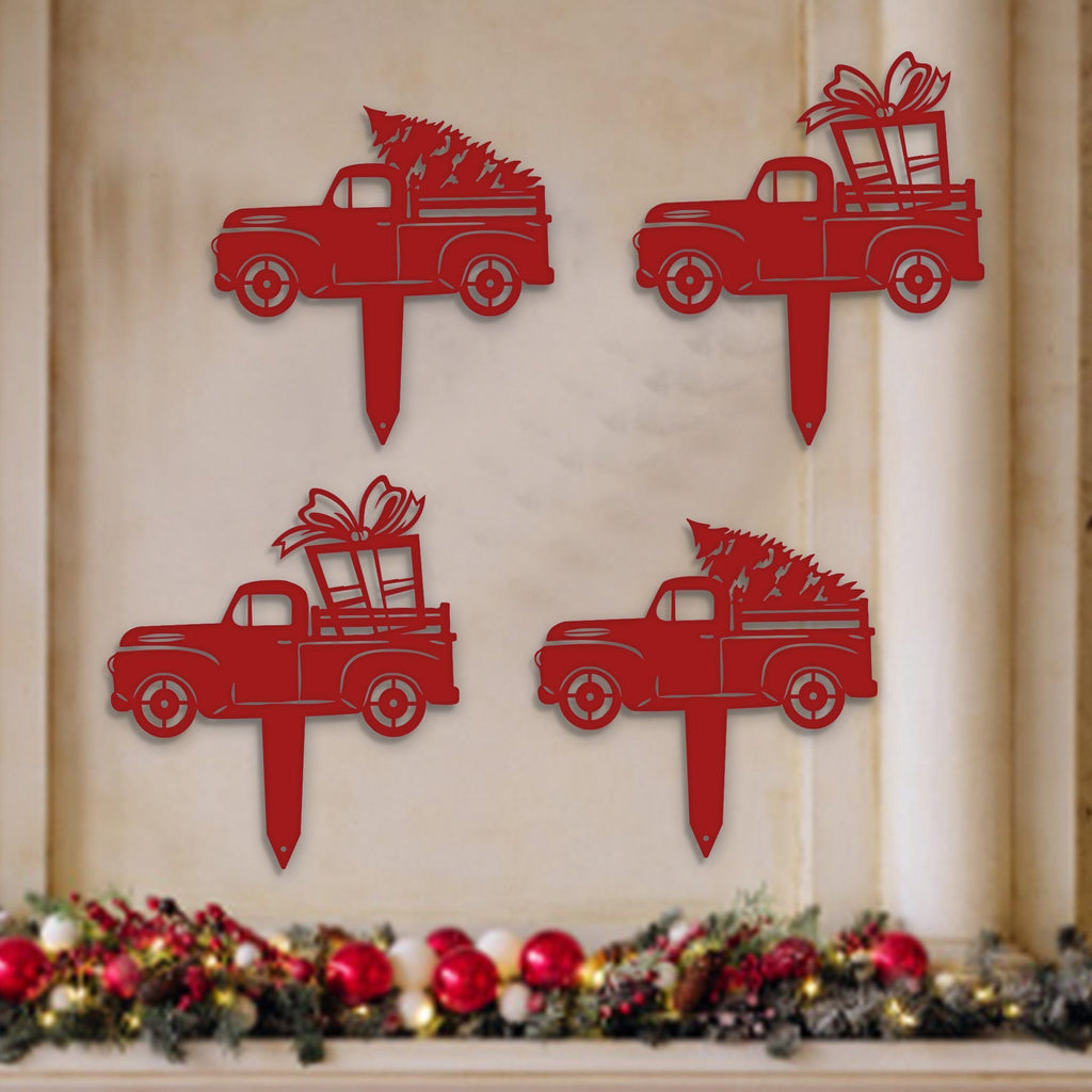 Little Red Truck Holiday Yard Stakes - Set of 4