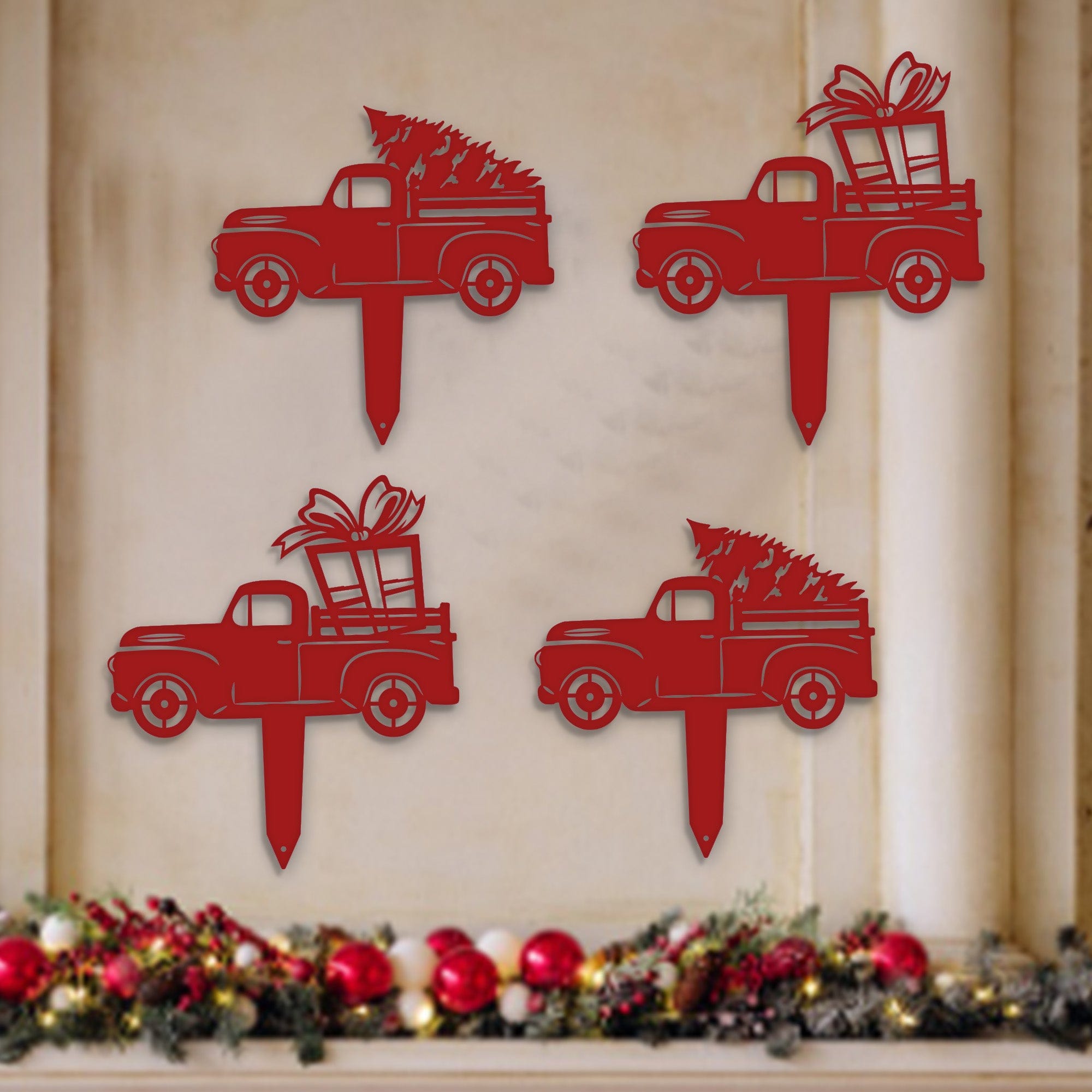 Little Red Truck Holiday Yard Stakes - Set of 4