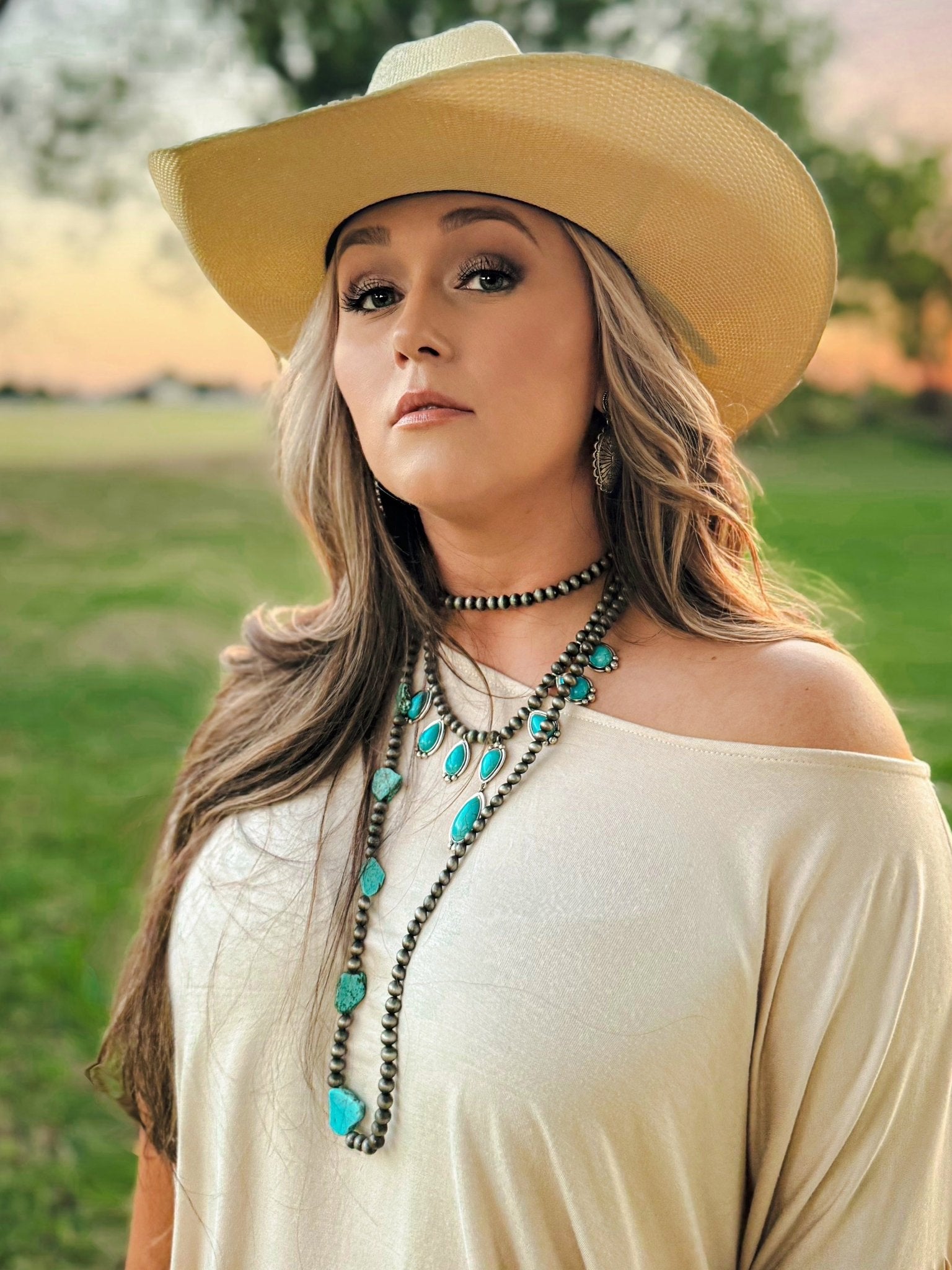 Western Teardrop Faux Turquoise & Sterling Pearl Necklace — 16 Inch Southwestern Pendant
