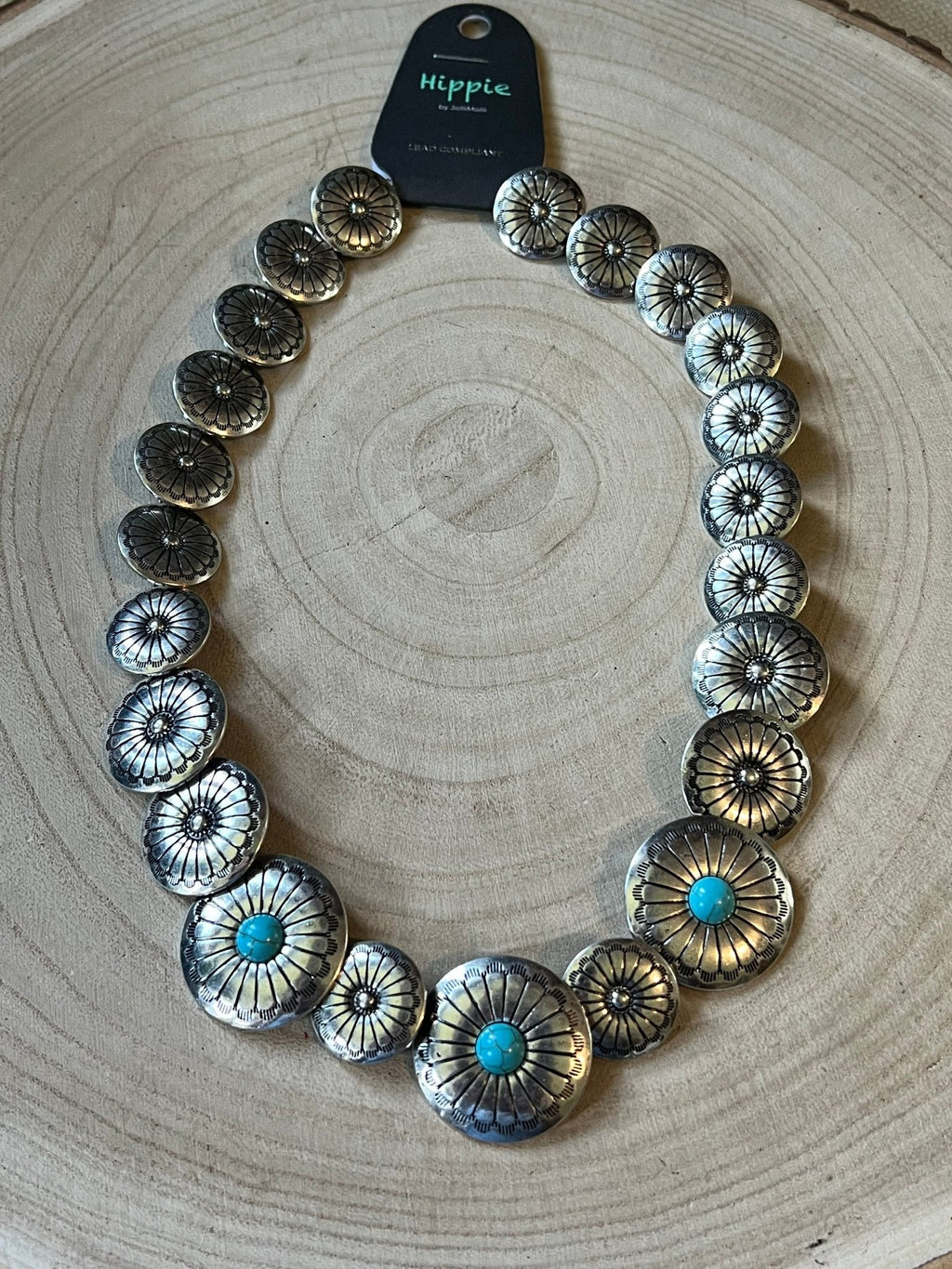 Western Overlapping Concho Necklace with Faux Turquoise — 18 Inch Southwestern Statement