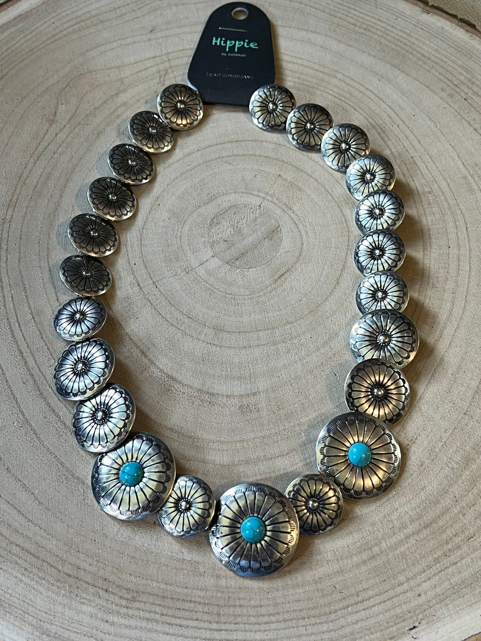 Western Overlapping Concho Necklace with Faux Turquoise — 18 Inch Southwestern Statement