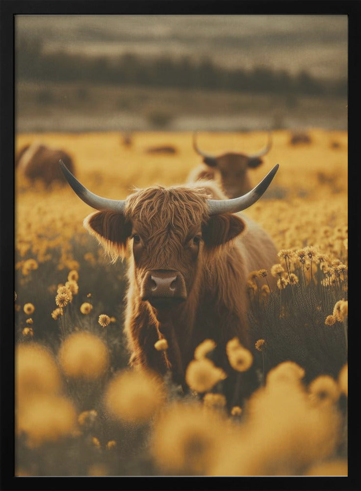 Highland Cows In Flower Field
