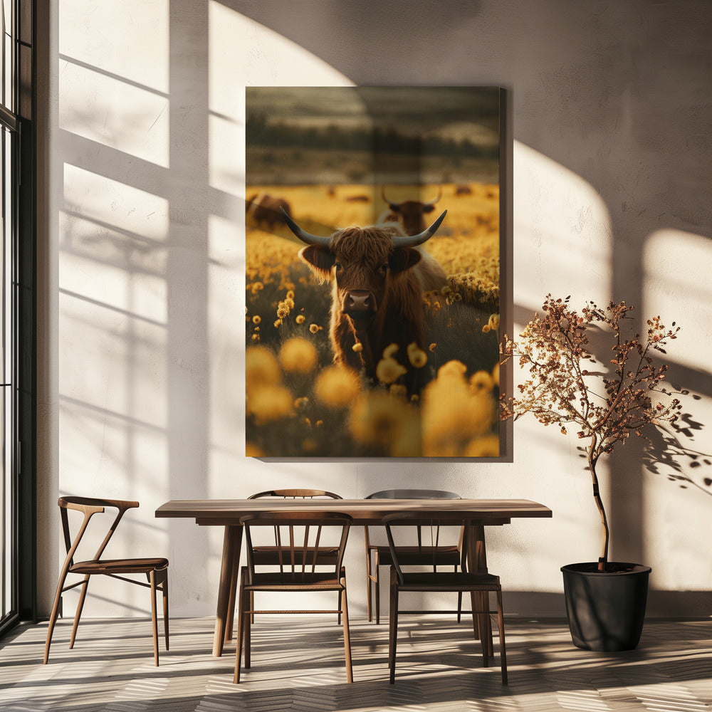 Highland Cows In Flower Field
