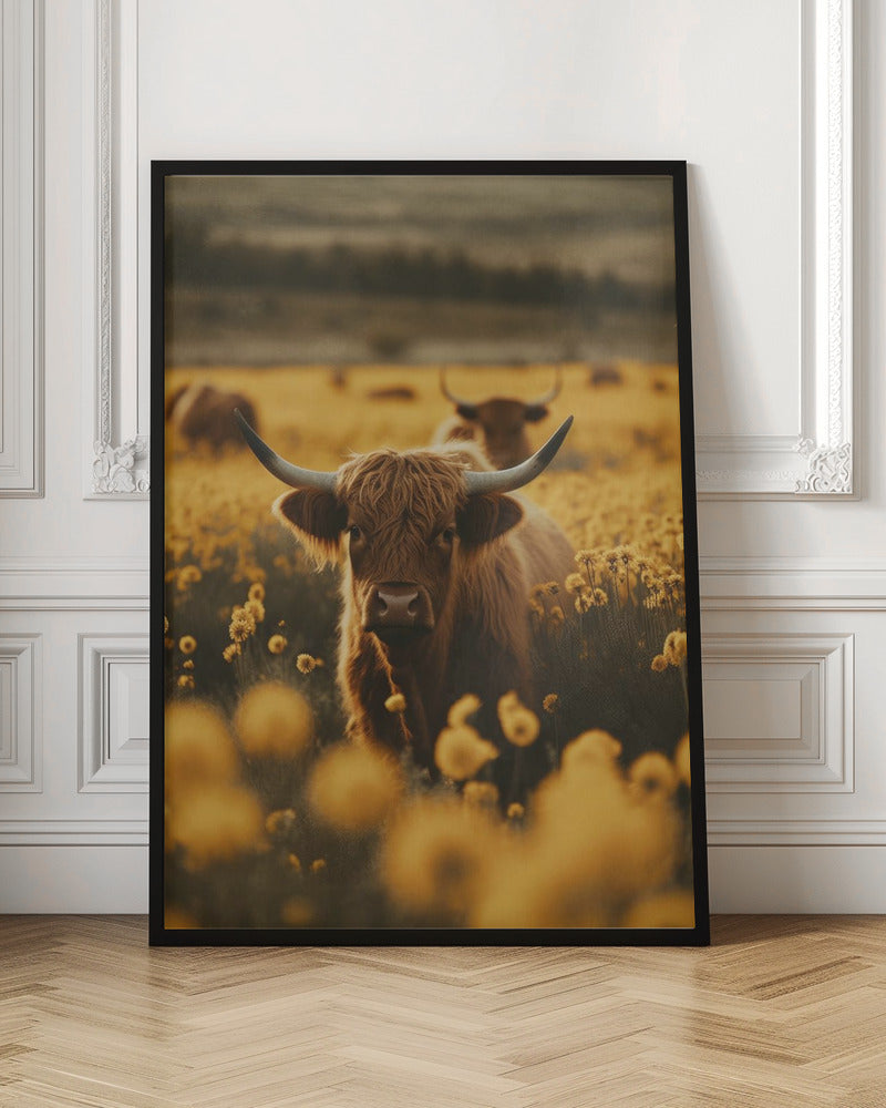 Highland Cows In Flower Field