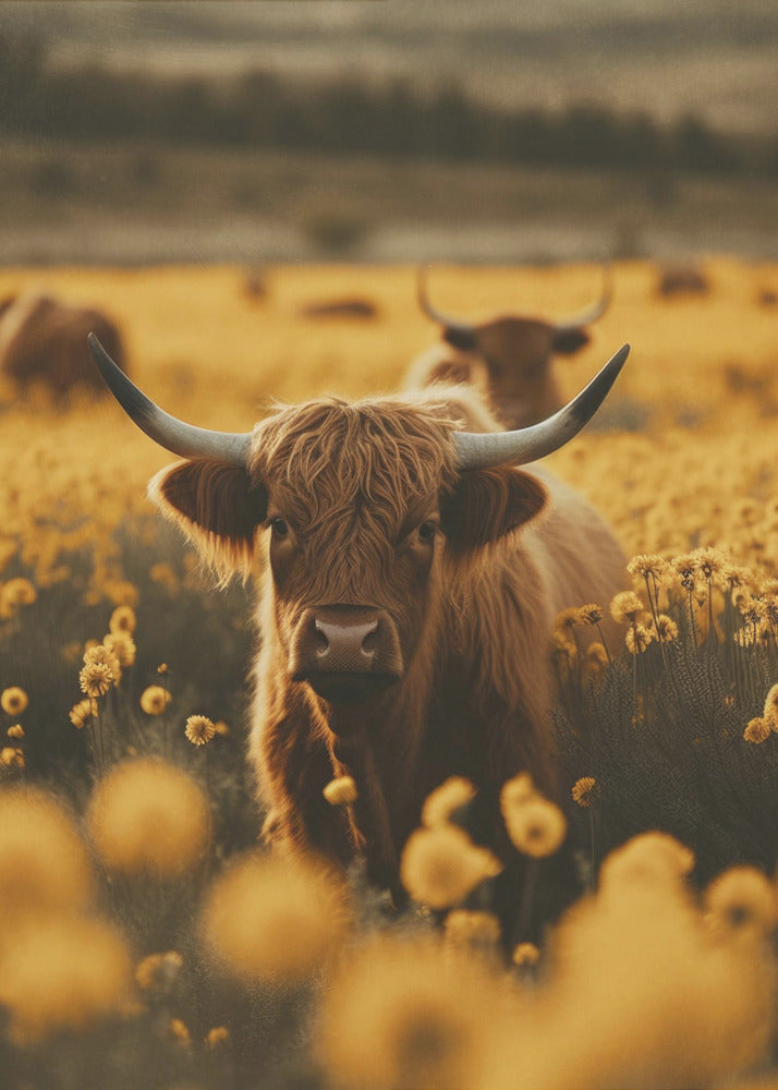 Highland Cows In Flower Field