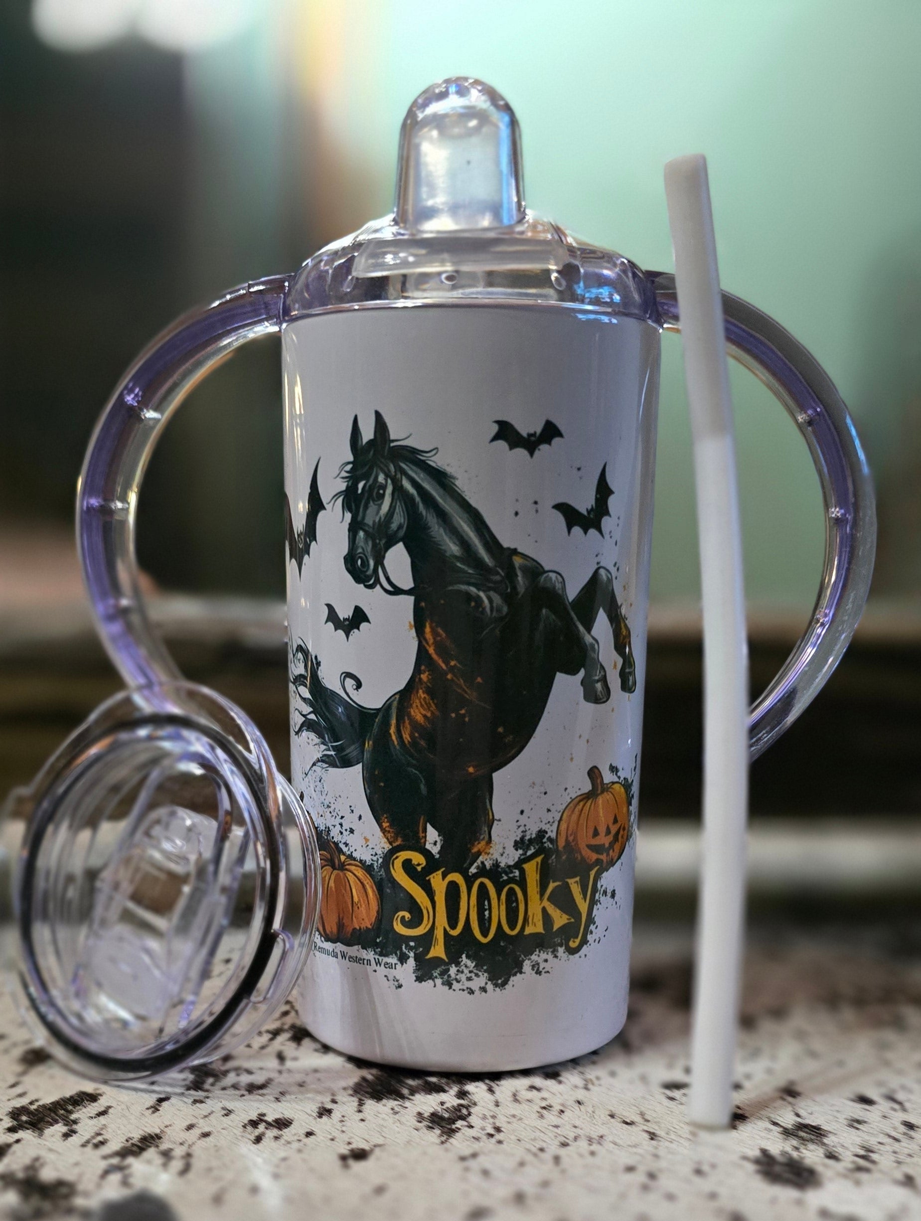 SPOOKY - Kids Western Halloween Horse Sippy Cup w/ Transition Lid