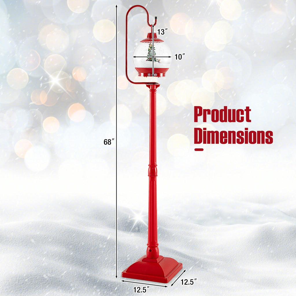 68 Inch Festive Musical Christmas Street Lamp Post with Snow Globe Lantern-Red