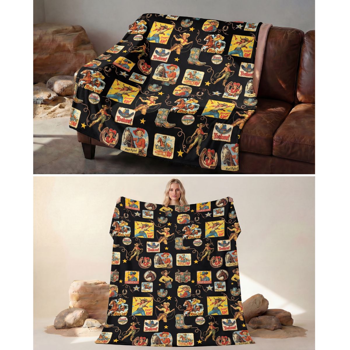 Baha Ranch Vintage Cowgirl Collage Micro Fleece Throw Blanket 60" x 80"