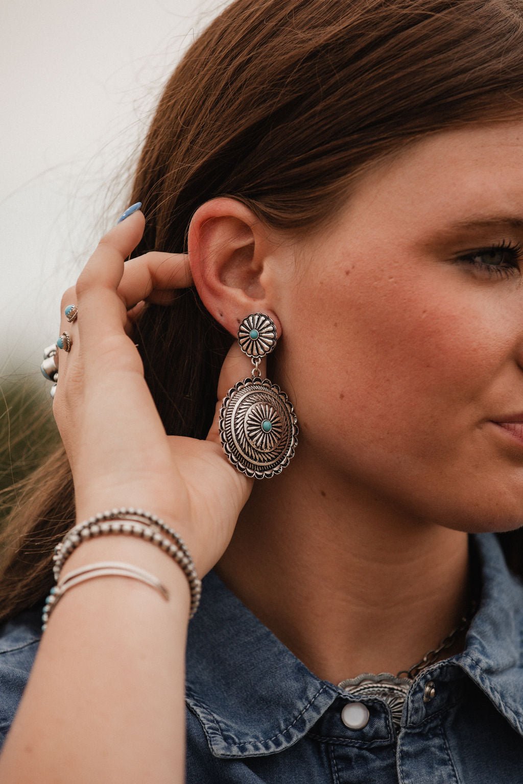 Western Concho Dangle Earrings with Faux Turquoise — 2½" Drop