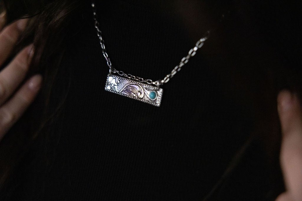Western Faux Tooled Bar Necklace with Faux Turquoise — 18 Inch with Extender