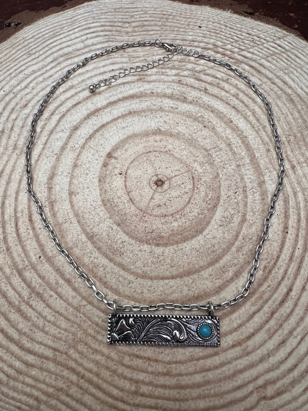 Western Faux Tooled Bar Necklace with Faux Turquoise — 18 Inch with Extender