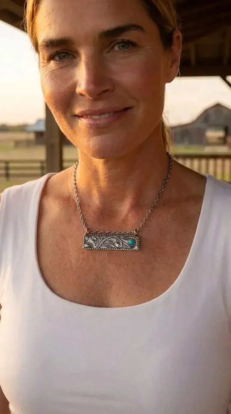 Western Faux Tooled Bar Necklace with Faux Turquoise — 18 Inch with Extender