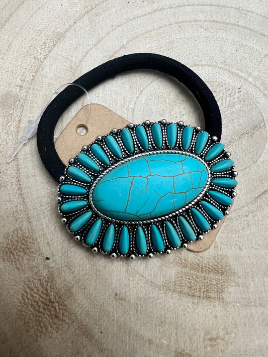 Western Faux Turquoise Cluster Hair Tie — 2.5"