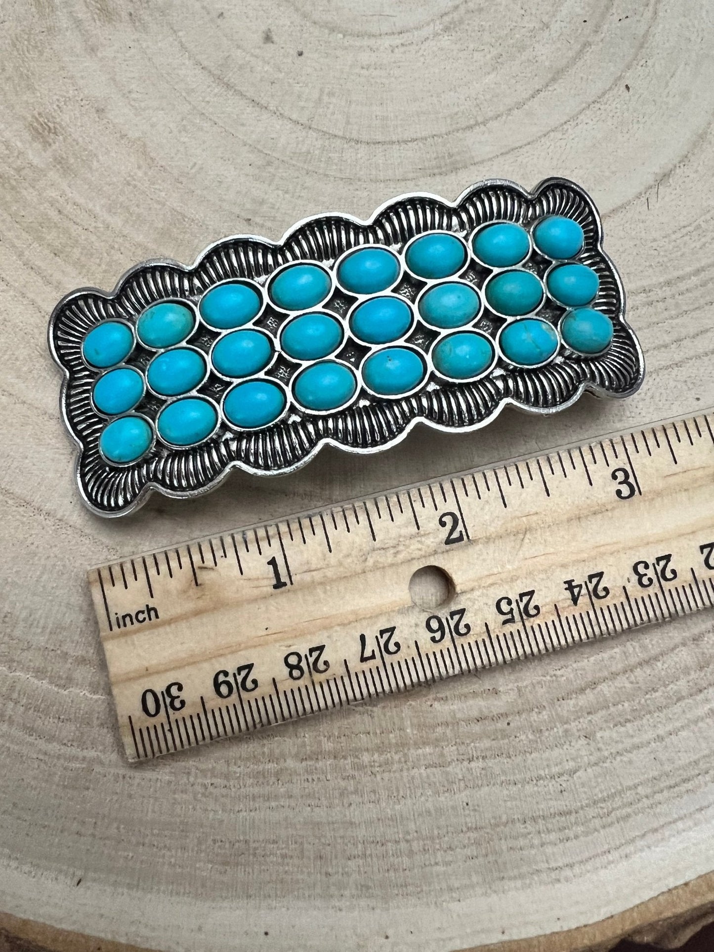 Western Faux Turquoise Cluster Metal Hair Barrette — 3"