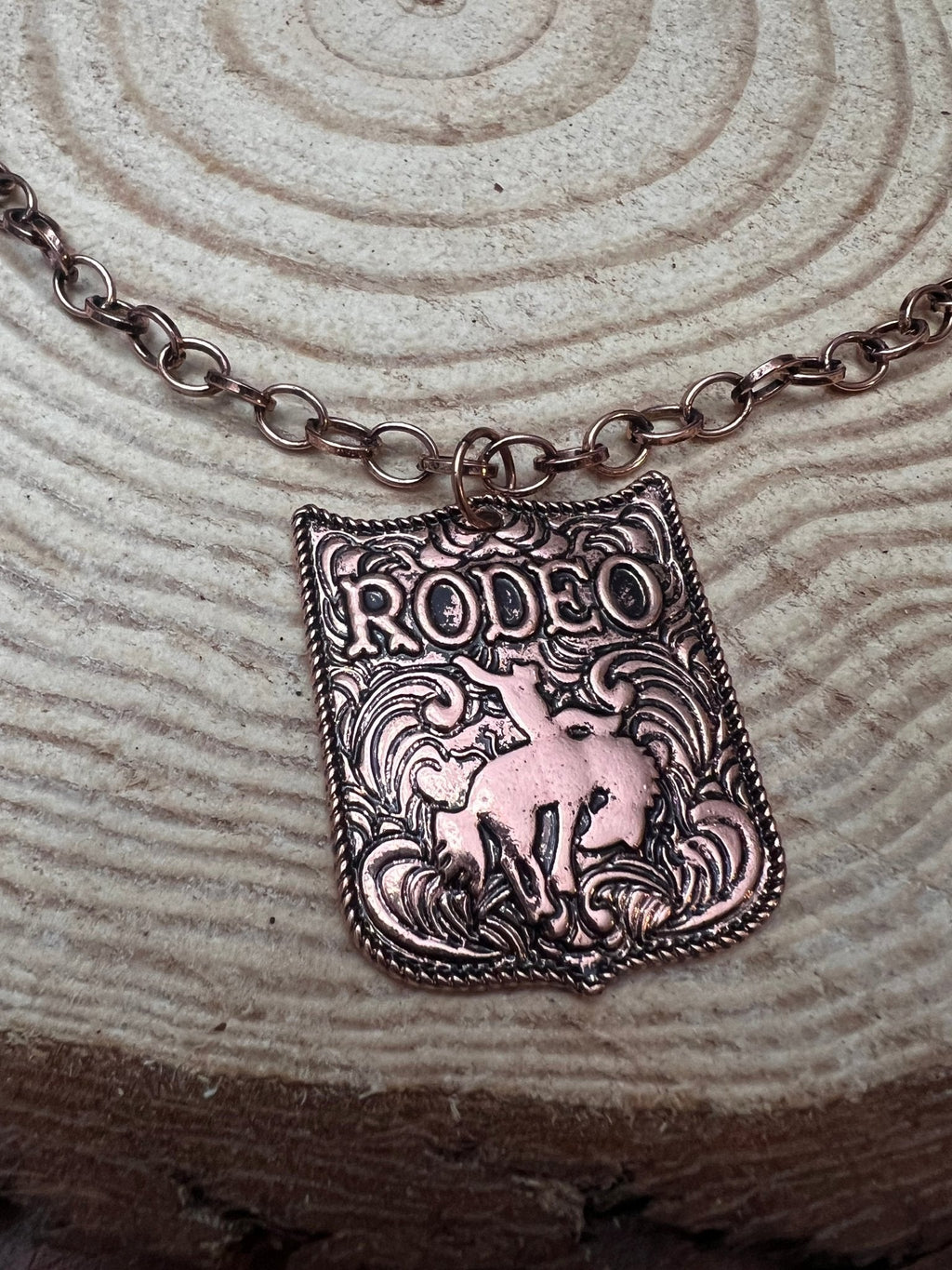Western Rustic Brass Rodeo Pendant Necklace — 22 Inch Cowgirl Statement